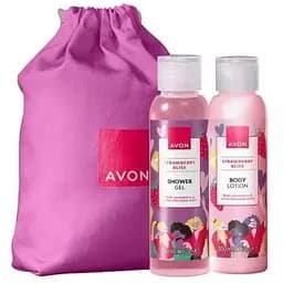 Подарунковий набір Avon Полунична насолода у світковому бавовняному мішечку на зав’язках.
