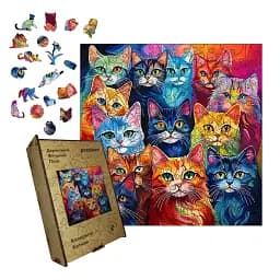 Деревянный фигурный пазл Колоритные Котики, А3, Деревянная коробка 200 элементов