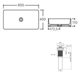 Комплект Qtap Tern: Раковина накладна прямокутна 600x400x110 мм WHITE + Донний клапан PU02 (QT17112174WN47303) - мініатюра 4