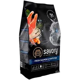 Сухий корм для довгошерстих котів Savory Adult Cat Gourmand Fresh Salmon & White Fish зі свіжим лососем і білою рибою 0.4 кг