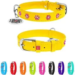 Ошейник для собак кожаный Waudog Glamour с QR-паспортом, с клеевыми стразами «Цветы», Ш 20 мм, Дл 30-39 см