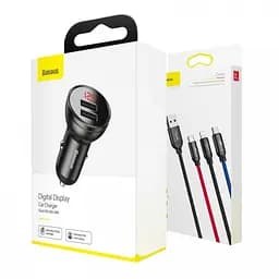 АЗП Baseus Digital Display Dual USB 4.8A Car Charger with 3-in-1 Cable USB 1.2M Grey - мініатюра 2