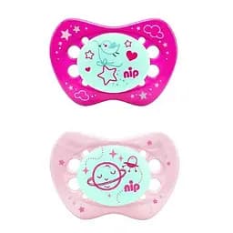 Пустушка Nip Нічний сон № 2 Пташка і Планета, силіконова, 16-32 міс., 2 шт., малиновий з рожевим (313118)
