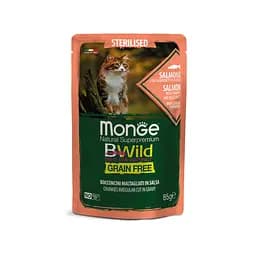 Беззернова консерва MONGE BWILD Sterilised із лосося з креветками та овочами для стерилізованих кішок 85 гр
