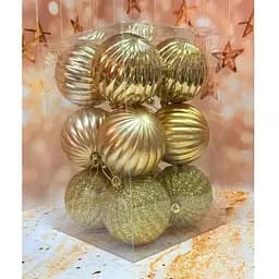 Набір ялинкових іграшок Рельєф пластикових круглих 12 шт 8 см Золотий