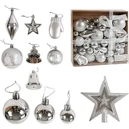 Набор новогодних украшений для елки 98 игрушек со звездой для вершины елки, серебряного цвета (161595)