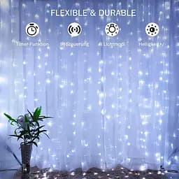 Lezonic Штора гірлянда, 3m×3m 300LED 8 режимів пульт дистанційного керування Таймер Регульована яскравість, Curtain Fairy Light - мініатюра 5