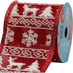 Декоративна стрічка Devilon поліестер в рулоні 6.3 см 3 м червона з оленем та ялинкою (082574)
