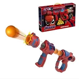 Помповий автомат червоного кольору з 10 м'якими кульками та маскою героя Людина-павук