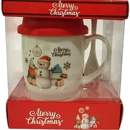 Новогодняя чашка Gee! Снеговик и подарки 350 мл с силиконовой крышкой и ложкой в ​​коробке белая (2414755904)