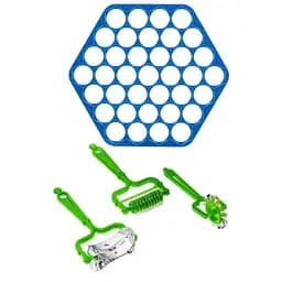 Комплект пельменниця пластикова та набір 3 дискових тесторізів: для чебурок, пельменів, нарізування локшини Блакитний, Kitchette 85172