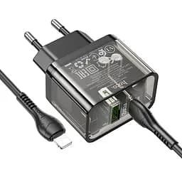 Зарядний пристрій Hoco N34 USB/ Type-C QC PD 20W прозоро-чорний + кабель Type-C to Lightning - мініатюра 6
