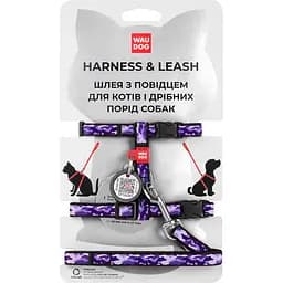 Шлея з повідцем для котів Waudog Nylon Фіолетовий камо, з QR паспортом, XS, 25-40х20-30х1/122 см, фіолетовий (5493)