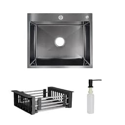 Кухонна мийка Lidz Handmade H6050B інтегрована BlackPVD у комплекті з дозатором та корзиною, Чорний