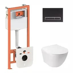 Набор Qtap инсталляция 3 в 1 Nest QT0133M425 с панелью смыва линейной QT0111M08V1091MB + унитаз с сиденьем Jay QT07335176W, Белый