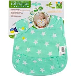 Непромокающий нагрудник с карманом Эко Пупс Eсo Cotton Premium Звездочки 30х21 см ментоловый с белым (EPB-008)