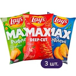 Набір: чипси Lays Max Deep-cut Сальса Рифлені картопляні 95 г + чипси Lays Max Рифлені Королівський сир картопляні 95 г + чипси Lays Max Рифлені Сметана та цибуля картопляні 95 г