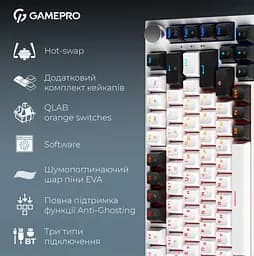 Клавиатура беспроводная игровая механическая GamePro MK-160-W Pro White-Black QLAB Orange Switches Hot-Swap - мініатюра 3