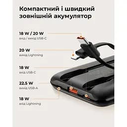 Зовнішній акумулятор VEGER 10000 mAh with built-in cables Type C / Lightning PD QC3.0 2A 22,5W C11 (W1170) black (VG-W1170) - мініатюра 9