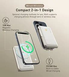 УМБ Choetech Magnetic Wireless 10000mAh 20W PD USB-C In/Out, Qi-15W,buid-in cabel White - мініатюра 4