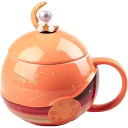 Чашка керамічна Happy Life Космонавт з кришкою та ложкою помаранчева 400 мл HP877O