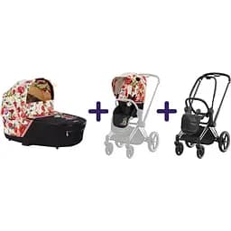 Люлька Cybex Priam Lux Spring Blossom Light + Комплект текстиля для прогулочного блока Cybex Priam Spring Blossom Light + Шасси Cybex Priam с каркасом LS RBA Chrome Black