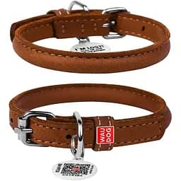 Ошейник для собак Waudog Soft кожаный с QR паспортом, круглый, S, Д 10 мм, Дл 33-41 см