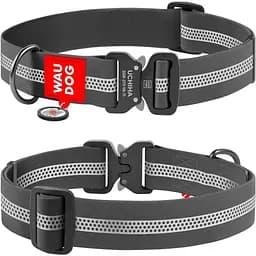 Нашийник для собак Waudog Waterproof, коллартекс, водостійкий, світловідбивний, з QR паспортом, металева пряжка-фастекс, XXL, 43-70х4 см, сірий - мініатюра 3