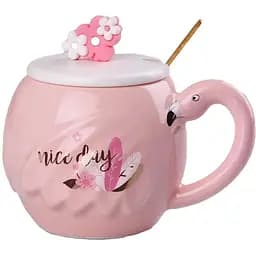 Чашка керамическая Happy Life Фламинго с крышкой и ложкой Nice day 500 мл HPCY8276ND