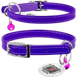Нашийник для котів Waudog Glamour шкіряний з еластичною вставкою та QR паспортом 22-30х0.9 см фіолетовий - мініатюра 3