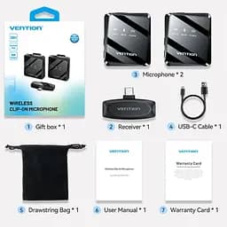 Бездротовий подвійний петличний мікрофон Vention USB-C 2-Pack Wireless Lavalier Black - мініатюра 2