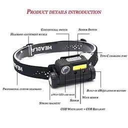 Ліхтарик налобний акумуляторний BL-123, XPE+COB, з сенсорним увімкненням - мініатюра 9