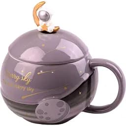 Чашка керамическая Happy Life Космонавт с крышкой и ложкой серая 400 мл HP877G