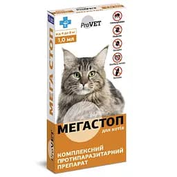 Капли на холку для кошек ProVET Мега Стоп от 4 до 8 кг 4 пипетки от внешних и внутренних паразитов