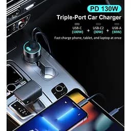 Автомобільний зарядний пристрій Choetech С0054 2xUSB-C+USB-A, 130 Вт, 5A, QC3.0/PD/PPS - мініатюра 5