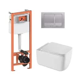 Подвесной унитаз Qtap Gemini Ultra Quiet + инсталляция Qtap Nest 4 в 1 (квадратная клавиша Satin), Белый