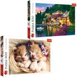 Набір Пазли - (500 + 500 елм.) - "Озеро Комо, Італія" + "Сплячі кошенята"