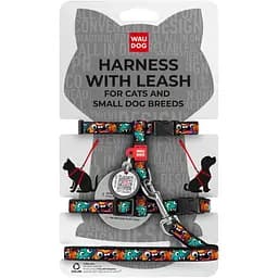 Шлея с поводком для кошек и мелких пород собак Waudog Nylon Зубастые монстры с QR паспортом XS 25-40x20-30x1/122 см