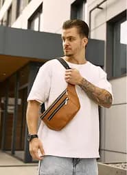 Большая мужская кожаная сумка на пояс бананка Sambag Tirso Max рыжая 38×17×6 см (81341121m)