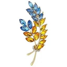 Брошь-булавка колоски пшеницы 6.6 x 3.0 см со стразами Желто-Голубая