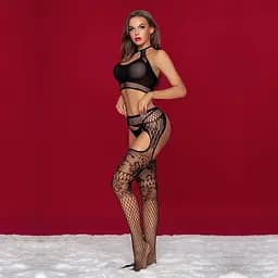 Бодістокінг JSY 7961 топ та колготки з доступом One Size Black, імітація резинки та підв’язок