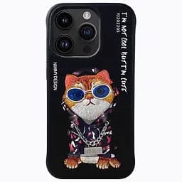 Чехол на Iphone 15 Pro 3D Swag Cat, защитный, кожаный, вышитый, черный