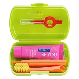 Дорожный набор по уходу за ротовой полостью Curaprox Travel Set Green: Раскладная щетка CS5460 Ultra Soft + Зубная паста Be You 10 мл + Ершики + Тревел-кейс