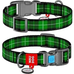 Нашийник для собак Waudog Nylon нейлоновий з QR паспортом, малюнок Шотландка зелена, пластиковий фастекс, M