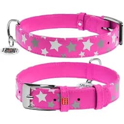 Нашийник для собак Waudog Glamour шкіряний з QR паспортом, візерунок Зірочка, світиться/світловідбиваючий, M, Ш 25 мм, Дов 38-49 см (4823089301372)