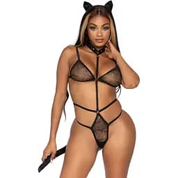 Эротический костюм кошки Leg Avenue Roleplay Sex Kitten One Size Black, боди, ушки, чокер
