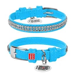 Нашийник для собак шкіряний Waudog Glamour з QR-паспортом з прикрасою "Полотно стрази" XS Ш 12 мм Д 21-29 см блакитний