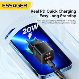 Зарядний пристрій Essager Camber 20W GaN Travel Phone Charger USB A + Type C EU Black (ECTAC-HMB01-P) - мініатюра 4