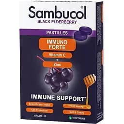 Екстракт чорної бузини, вітамін C і цинк Sambucol Black Elderberry Immuno Forte, 20 пастілок для підтримки імунної системи