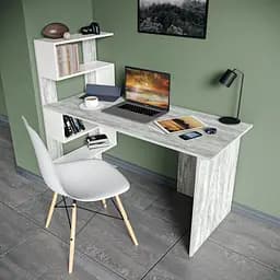 Комп'ютерний стіл з поличками, письмовий стіл для дому з ДСП II FST-24 Бетон+Білий